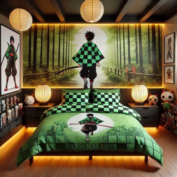 Phòng ngủ trang trí Demon Slayer với tranh rừng cây xanh, đèn lồng và bộ chăn ga gối nhân vật anime nổi bật.