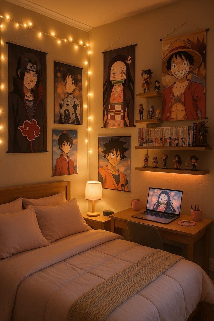 Phòng ngủ phong cách anime, trang trí đèn LED và tranh treo tường, bàn làm việc với laptop.