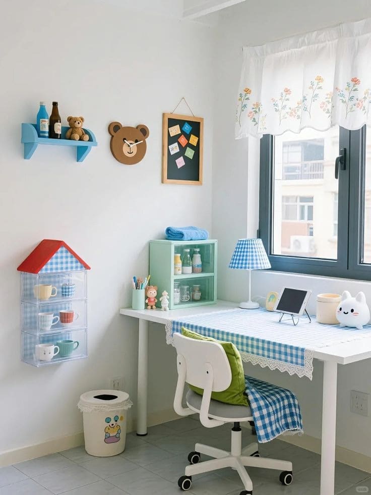 Góc làm việc dễ thương với bàn học, ghế và đồ trang trí gấu nhỏ, cửa sổ ánh sáng tự nhiên.