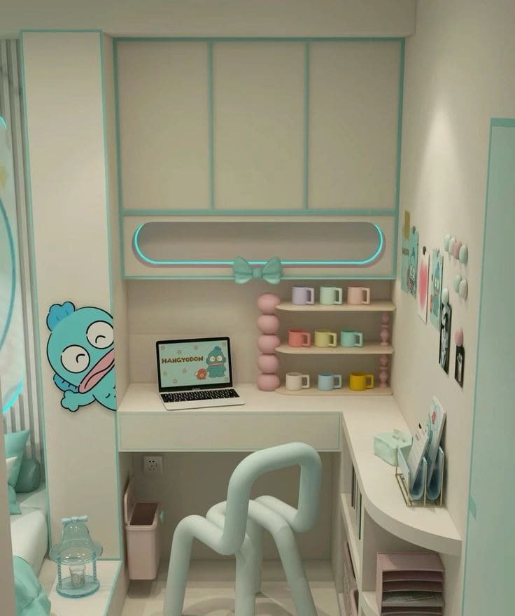 Không gian học tập dễ thương với bàn làm việc, kệ sách và ghế màu sắc pastel, có đồ trang trí và máy tính xách tay.