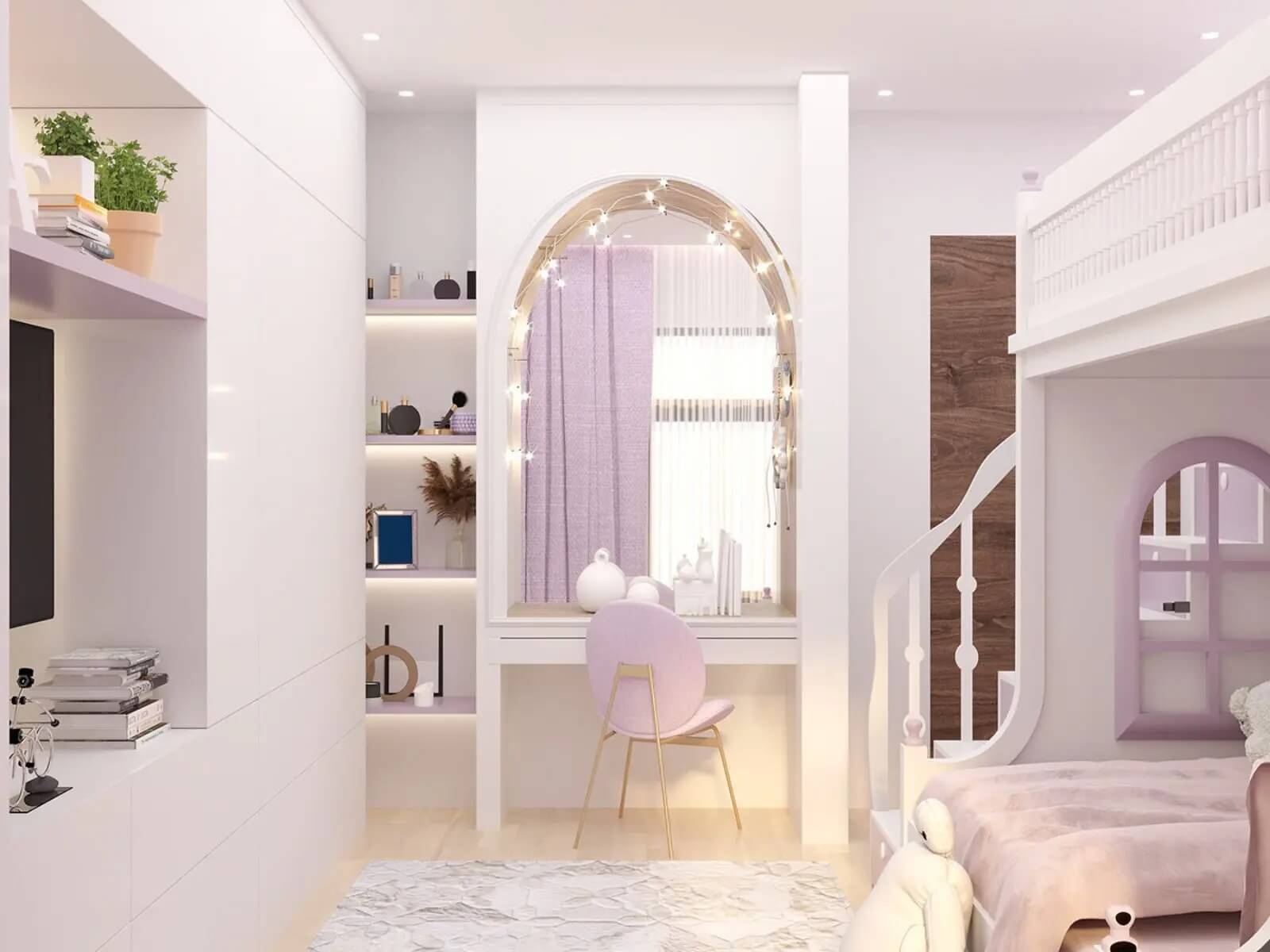 Phòng ngủ màu tím nhạt phối với những tông màu sáng