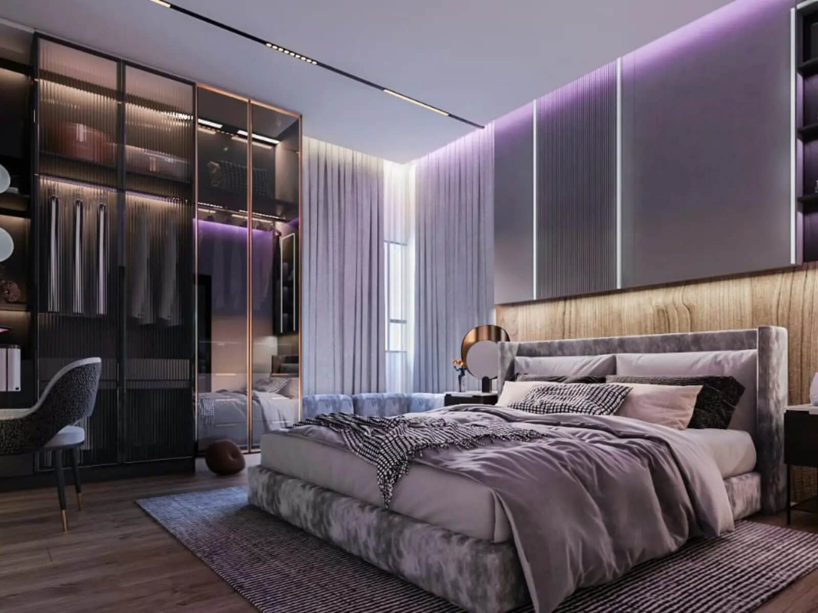 Phòng ngủ hiện đại với giường lớn, ánh sáng dịu và nội thất sang trọng.