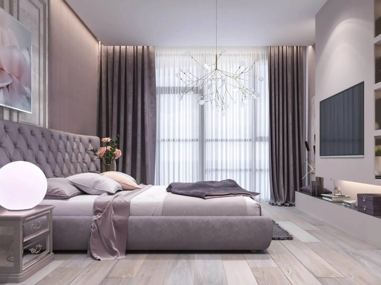 Phòng ngủ màu tím pastel hiện đại, tiện nghi