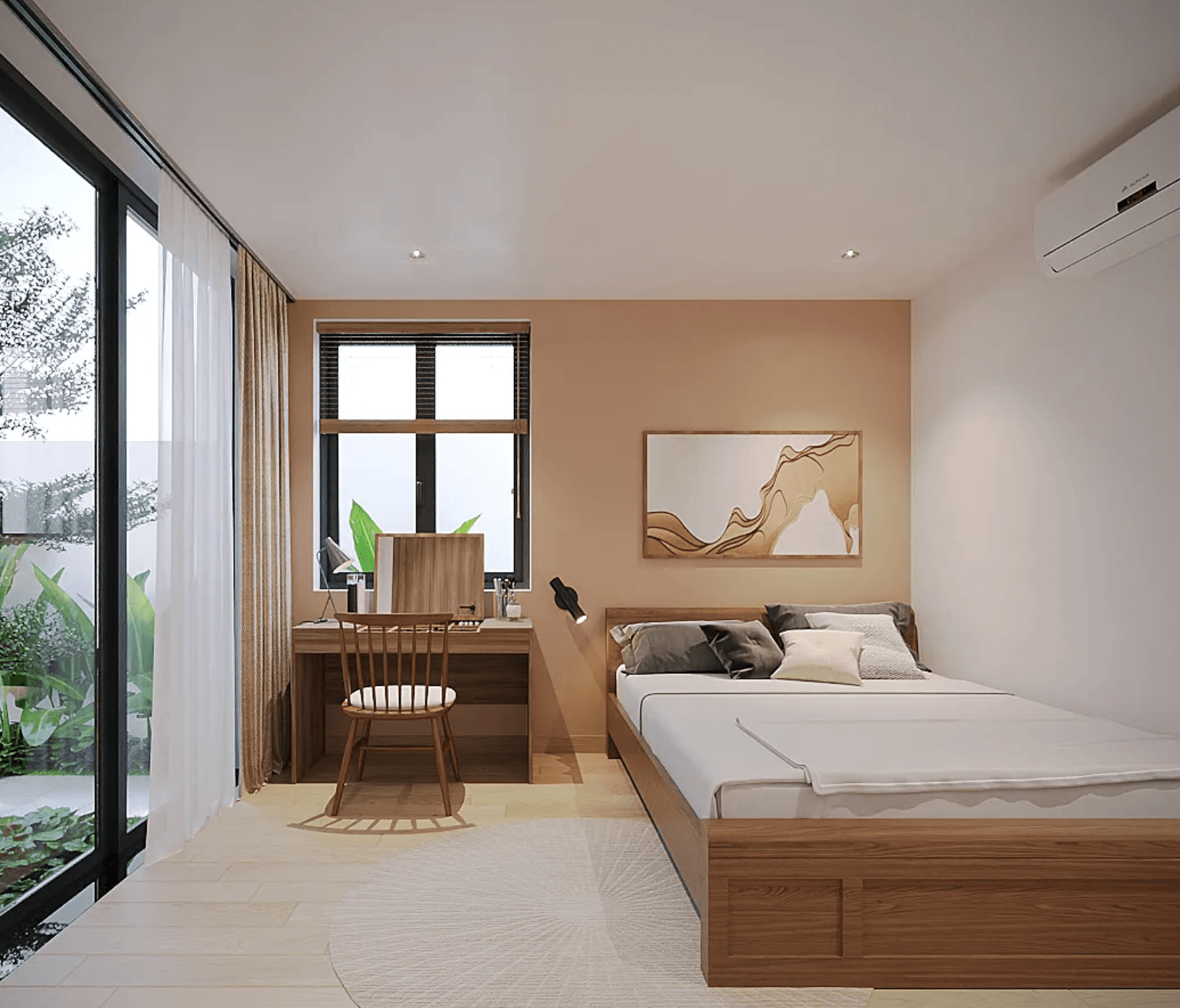 Phòng ngủ thoáng đãng với cửa kính lớn, giường gỗ, bàn làm việc và tranh treo tường hiện đại.