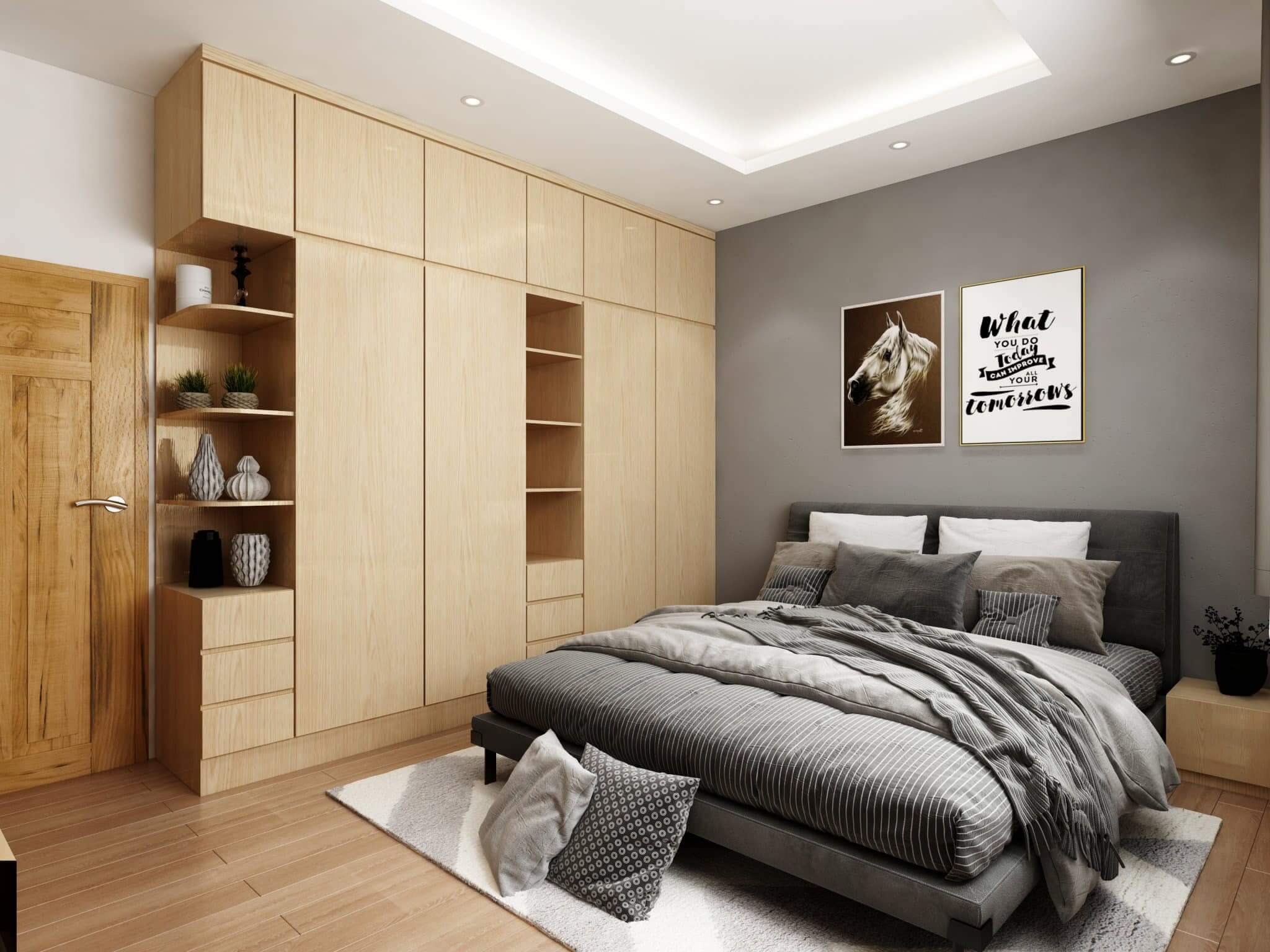 Phòng ngủ hiện đại với giường xám, tủ gỗ sáng và tranh treo tường tối giản.