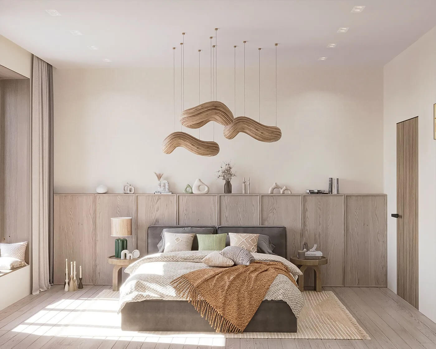 phong-ngu-phong-cach-scandinavian-don-gian-va-tinh-te-2 Phòng ngủ hiện đại tông màu trung tính với giường lớn, đèn treo nghệ thuật và trang trí tối giản.