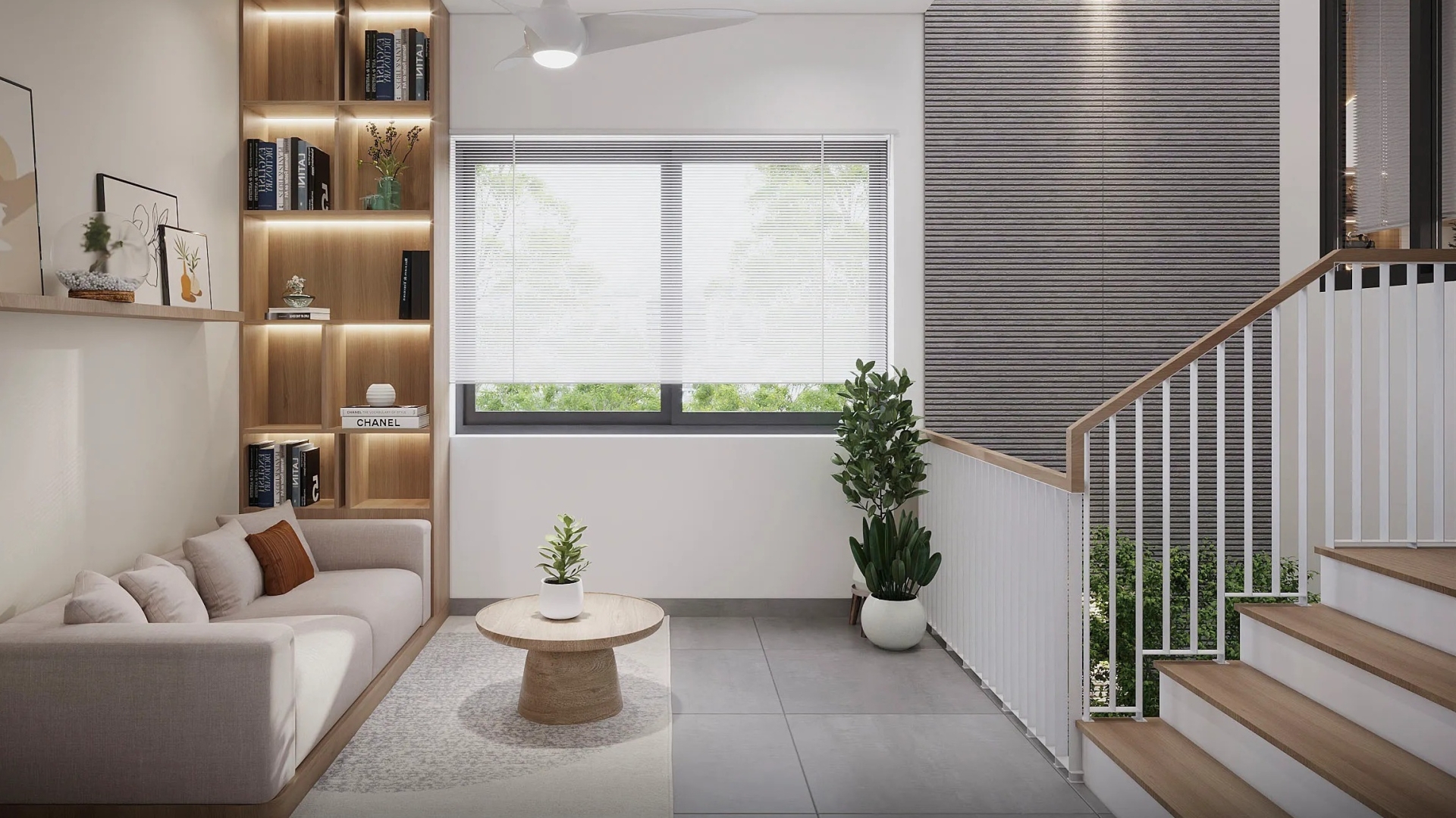 Phòng sinh hoạt chung cạnh cầu thang đẹp