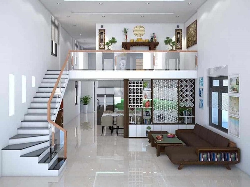 Phòng khách hiện đại với cầu thang, sofa, nội thất gỗ, và ánh sáng tự nhiên.