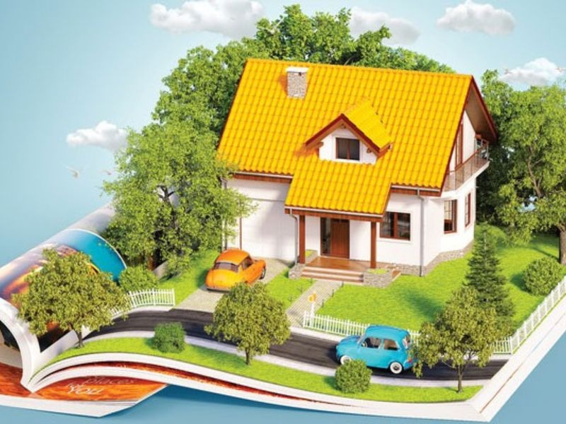 phong-thuy-nha-va-suc-khoe Ngôi nhà nhỏ với mái ngói vàng, xung quanh là cây cối xanh tươi, nằm trong trang sách mở.