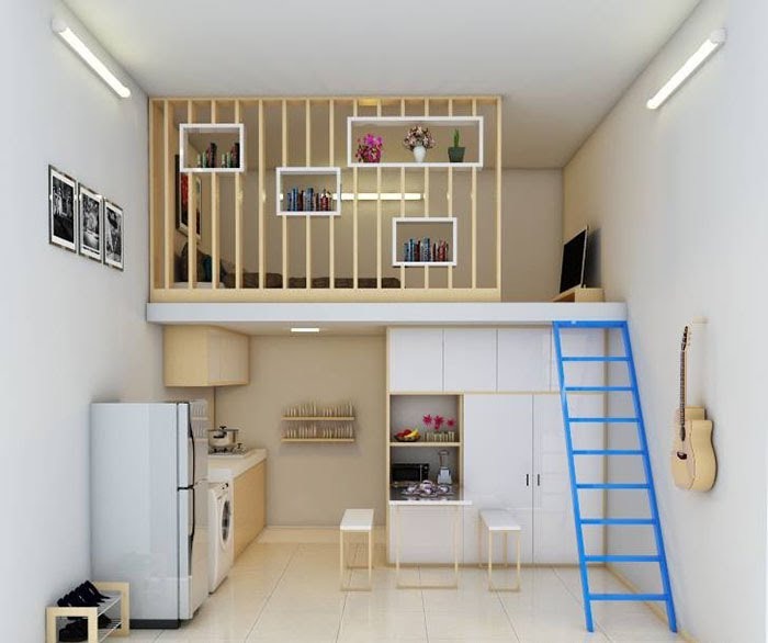 phong-tro-khep-kin-co-gac-lung-cap-4 Căn hộ gác lửng hiện đại, tiết kiệm không gian với tủ lạnh, bếp, cầu thang xanh và nội thất tối giản.