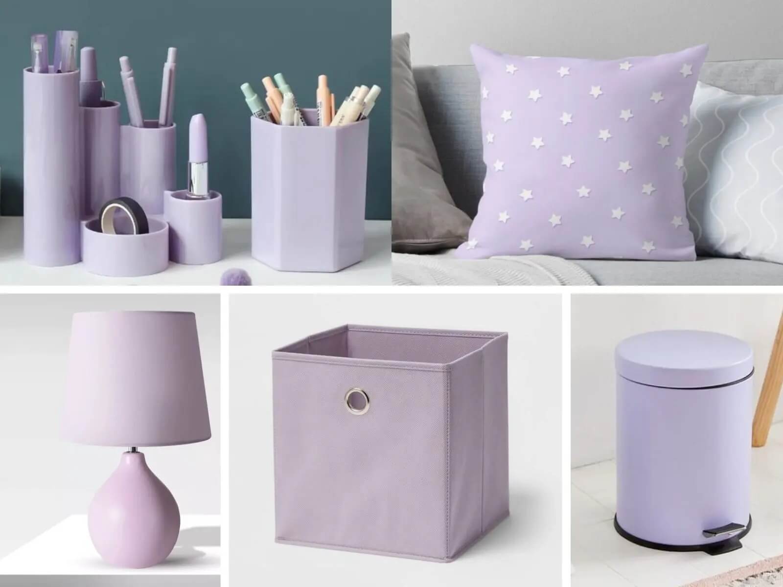 Vật dụng trang trí và nội thất màu tím nhạt: hộp bút, gối, đèn bàn, thùng rác và hộp đựng, phong cách hiện đại.