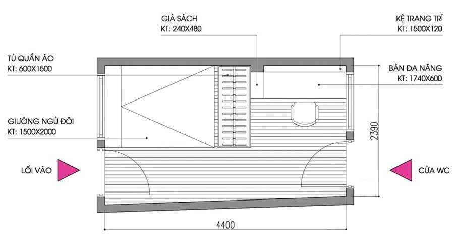 Bản vẽ mặt bằng phòng ngủ với giường, tủ quần áo, giá sách, kệ trang trí và bàn đa năng.