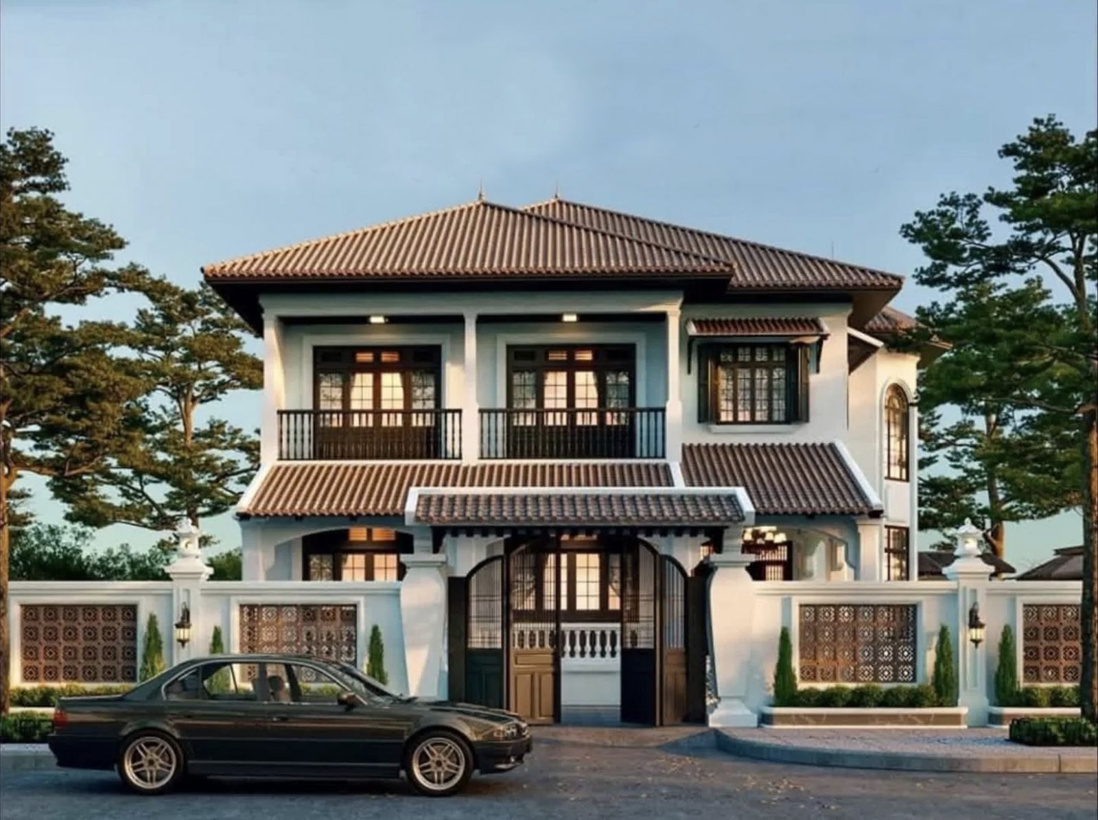 phuong-phap-han-che-phat-sinh-chi-phi-khi-xay-nha-2-tang-200m2 Nhà hai tầng hiện đại với mái ngói, cửa sổ lớn gần ô tô và cây xanh xung quanh.