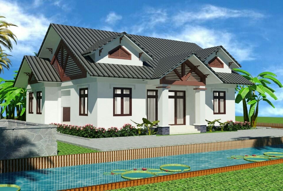 phuong-phap-hoa-giai-huong-nha-xau-cho-nguoi-tuoi-dan-1 Nhà vườn một tầng phong cách hiện đại với mái ngói xám gần hồ nước và cây cối xanh mát.