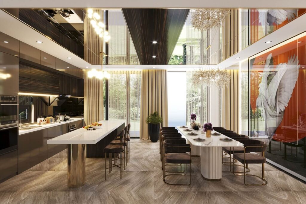 Không gian bếp hiện đại với bàn ăn lớn, ánh sáng tự nhiên từ cửa sổ, nội thất sang trọng và tranh nghệ thuật.