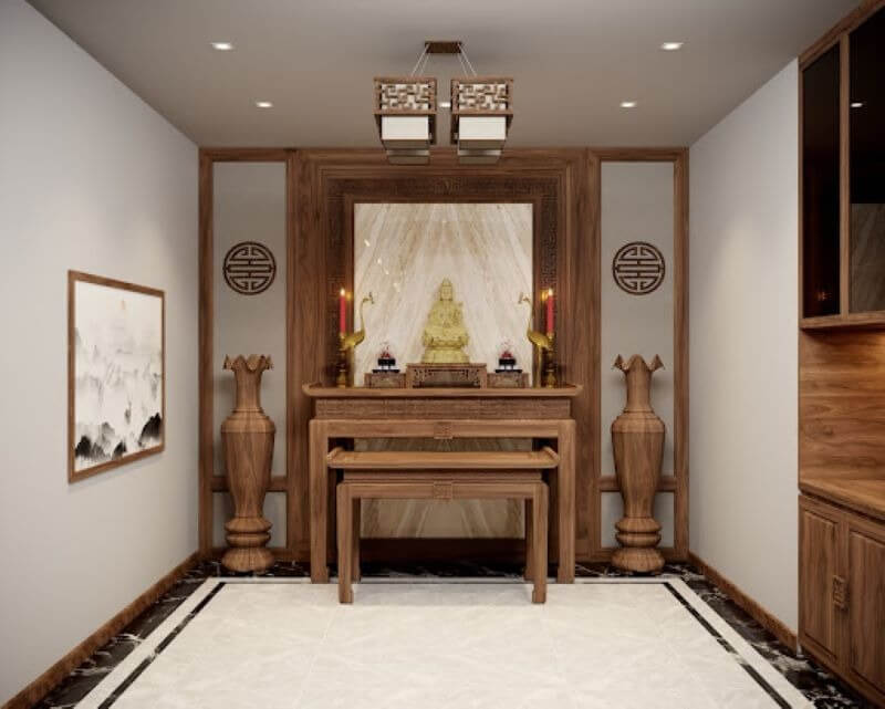 Phòng thờ gỗ hiện đại với tượng Phật vàng, đèn và bình trang trí tạo không gian trang nghiêm và thanh tịnh.