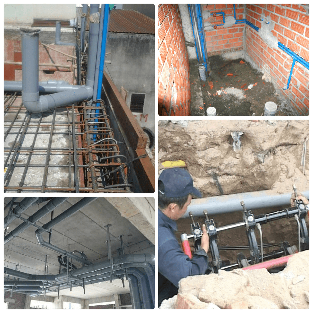 Công việc lắp đặt hệ thống ống nước trong tòa nhà, gồm các giai đoạn xây dựng và sửa chữa chuyên nghiệp.