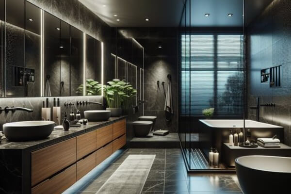 Phòng tắm sang trọng với thiết kế hiện đại, nội thất tối giản và ánh sáng tự nhiên từ cửa sổ lớn.