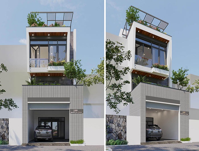 Mặt tiền nhà phố hiện đại 3 tầng, có gara ô tô và ban công xanh mát.
