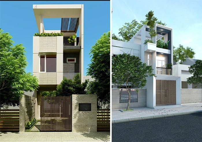 Nhà phố hiện đại với thiết kế tối giản, mặt tiền kính, cây xanh trang trí.