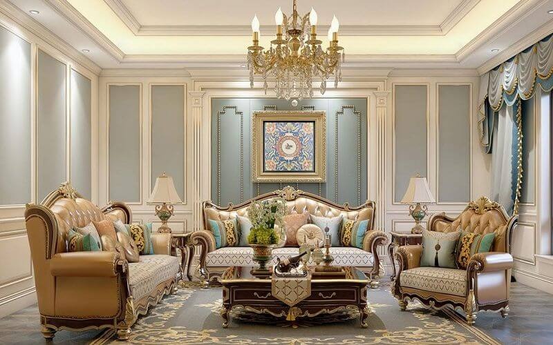 Phòng khách sang trọng với bộ sofa da, bàn trà gỗ, đèn chùm cổ điển và trang trí tường nghệ thuật tinh tế.