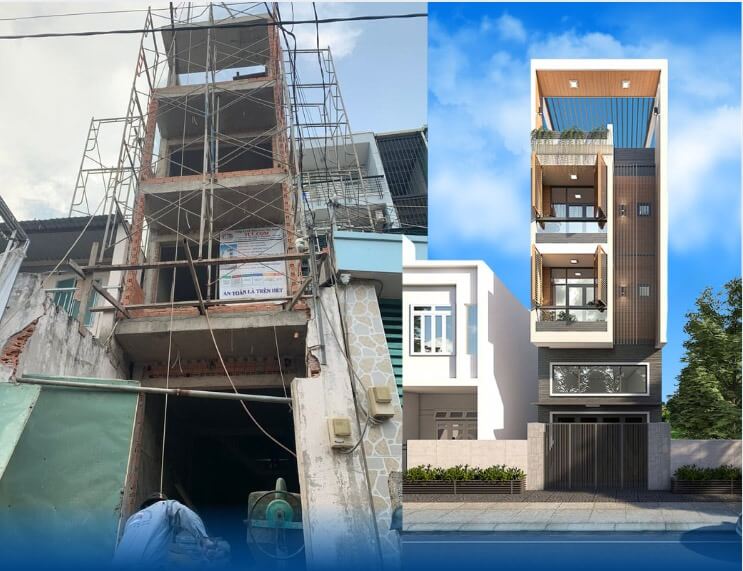 Ảnh trước và sau của tòa nhà đang xây dựng, thể hiện sự hiện đại và hoàn thiện sau khi hoàn tất.