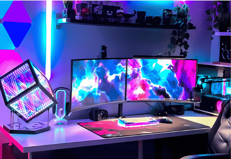 Bàn làm việc hiện đại với hai màn hình máy tính, đèn LED sắc màu và phụ kiện sáng tạo.