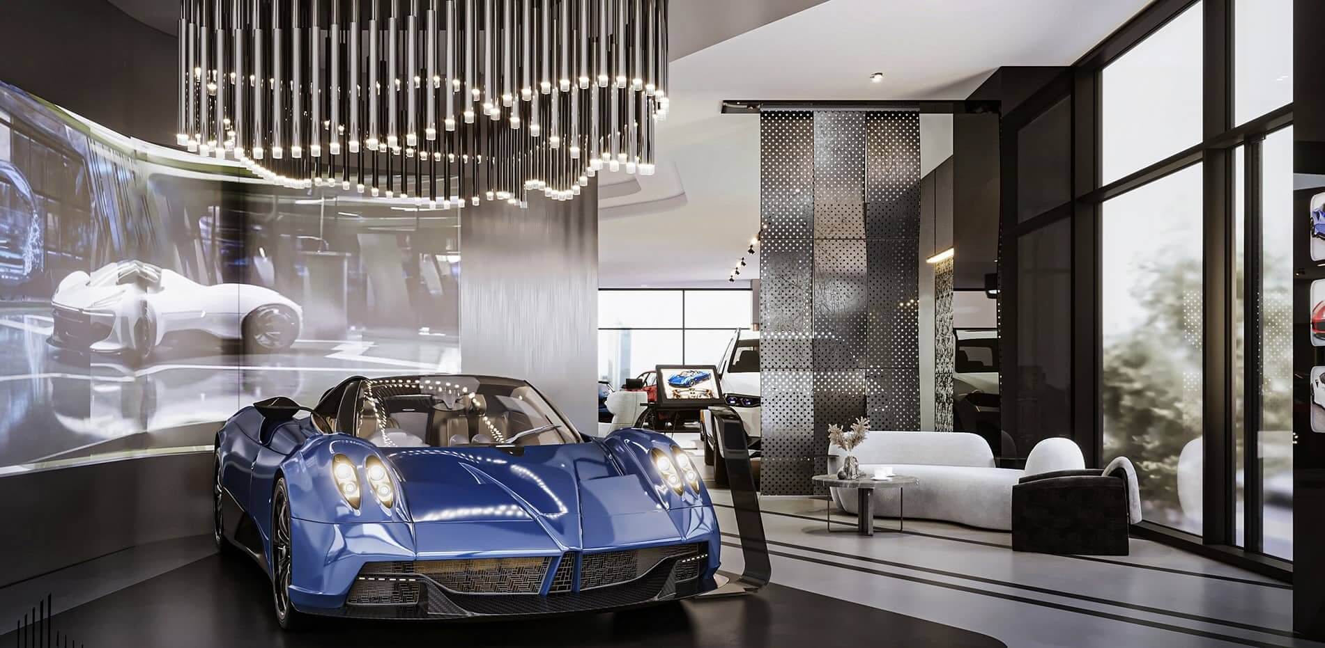 Siêu xe màu xanh trong phòng trưng bày hiện đại với đèn trần thiết kế độc đáo.