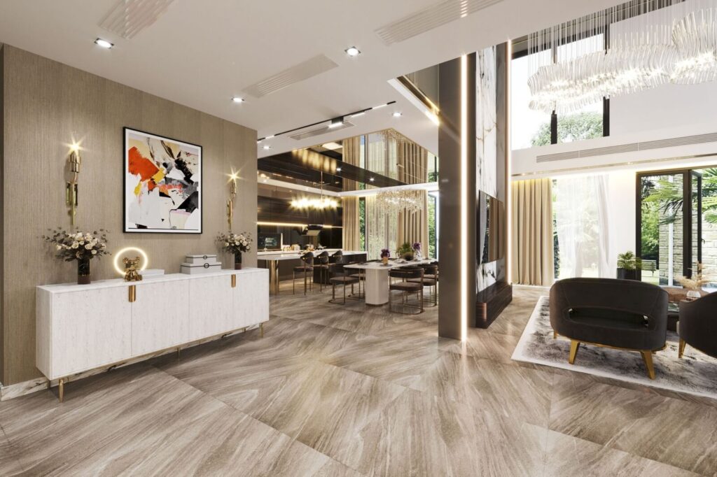 Phòng khách sang trọng với đèn chùm, tranh nghệ thuật và ghế sofa hiện đại, ánh sáng tự nhiên tràn ngập.