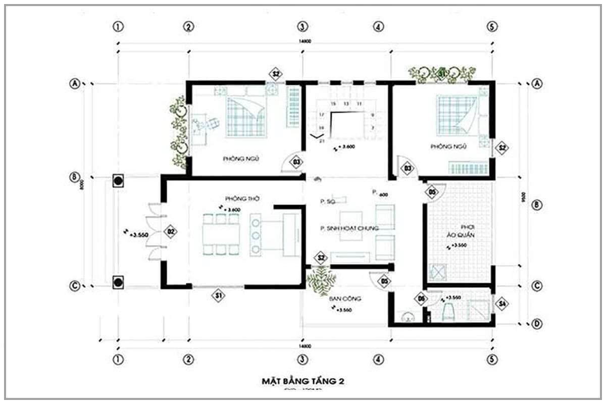 Sơ đồ mặt bằng tầng 2 nhà 2 tầng 100m2 2