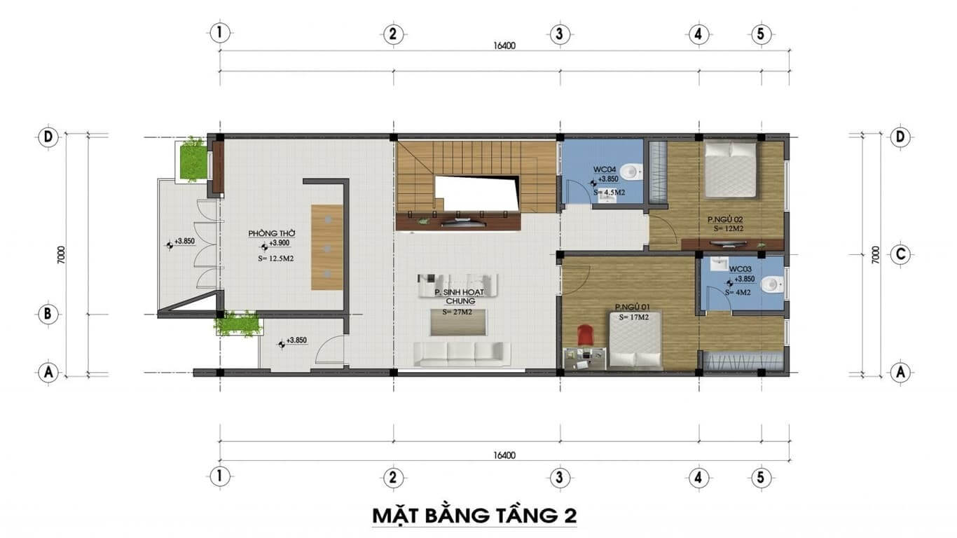 Sơ đồ mặt bằng tầng 2 nhà 2 tầng 100m2