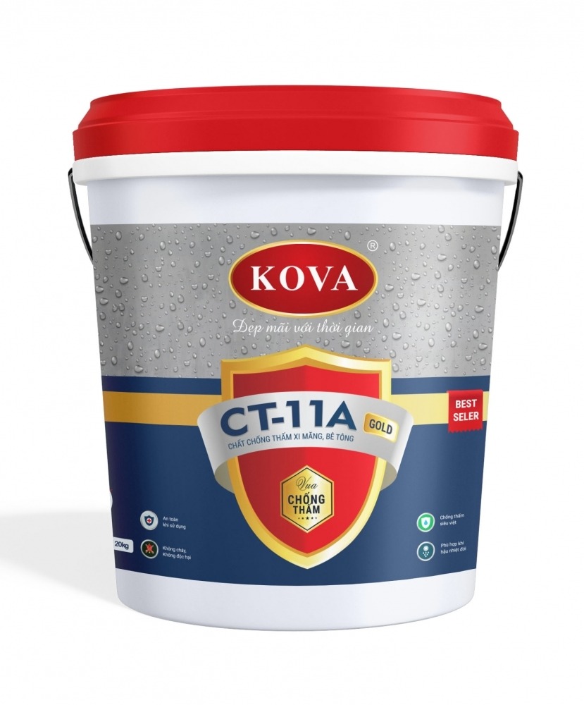 Thùng sơn KOVA CT-11A Gold chống thấm, xi măng, bê tông, nền xám, nắp đỏ, thương hiệu nổi bật.