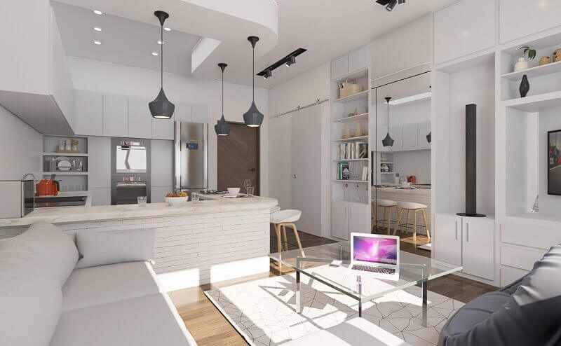 su-dung-do-noi-that-thong-minh-duong-net-don-gian-giup-can-ho-gon-gang-va-hien-dai Phòng khách hiện đại với sofa trắng, bàn kính và laptop, liền kề bếp với thiết kế nội thất tối giản.