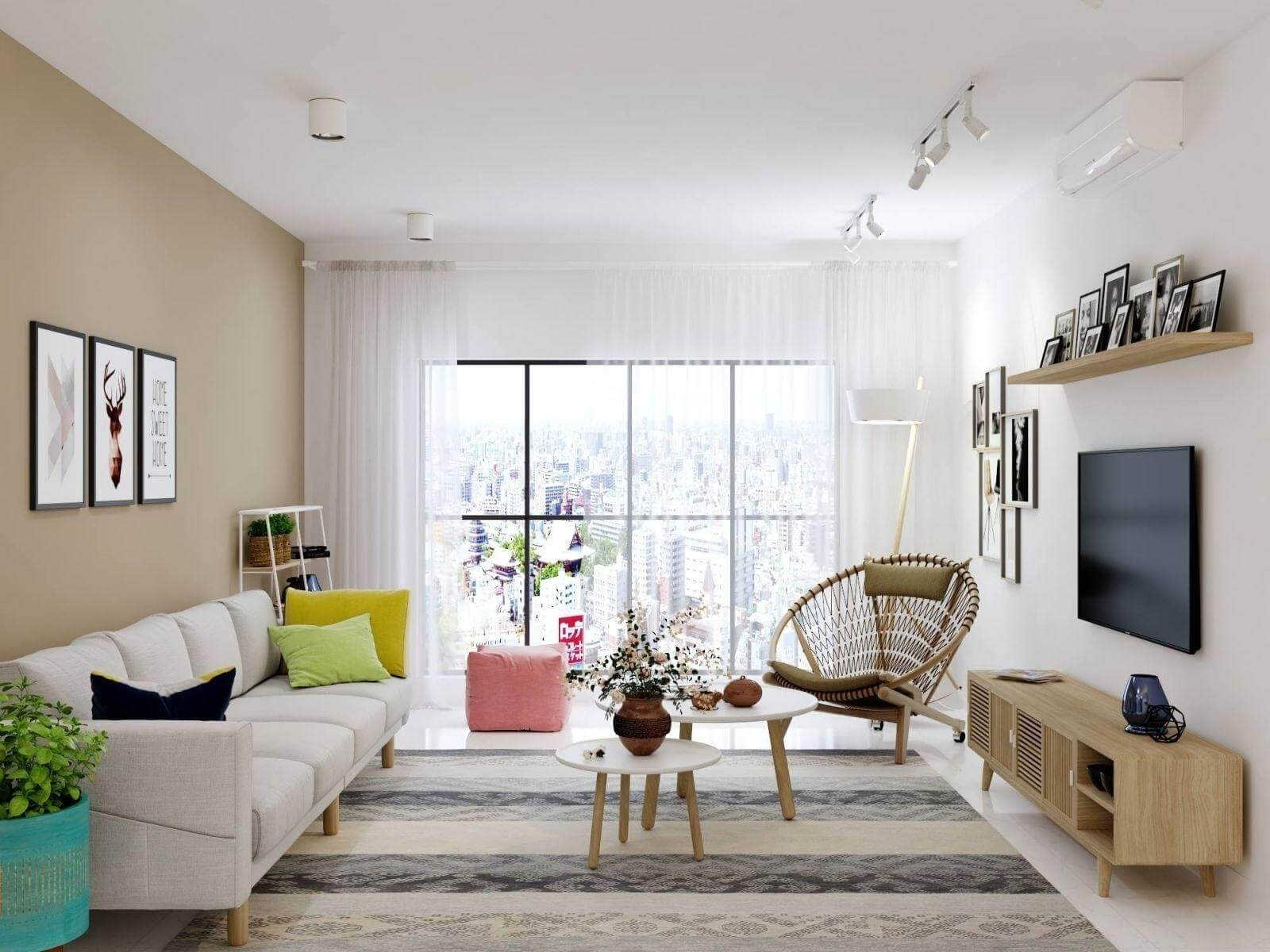 su-dung-do-noi-that-thong-minh-va-hien-dai Phòng khách hiện đại với sofa, ghế mây, bàn gỗ, cây trang trí và cửa sổ lớn nhìn ra thành phố.