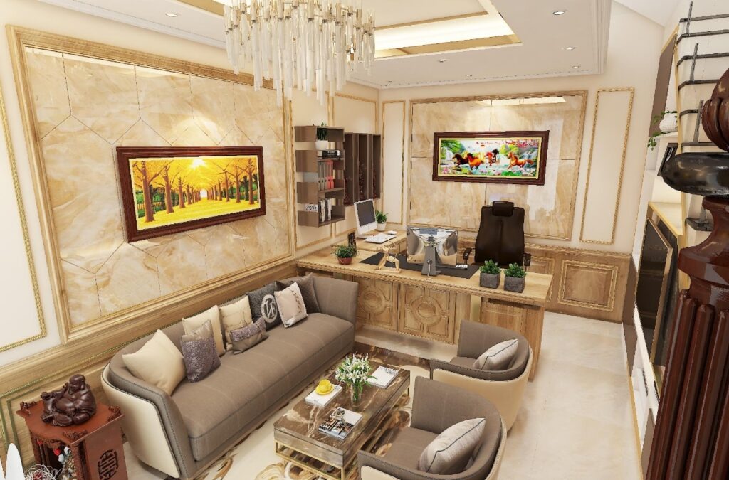 su-dung-vat-pham-phong-thuy-trang-tri-trong-nha Văn phòng sang trọng với sofa, bàn làm việc, tranh treo tường, đèn chùm. Thiết kế nội thất hiện đại, tinh tế.