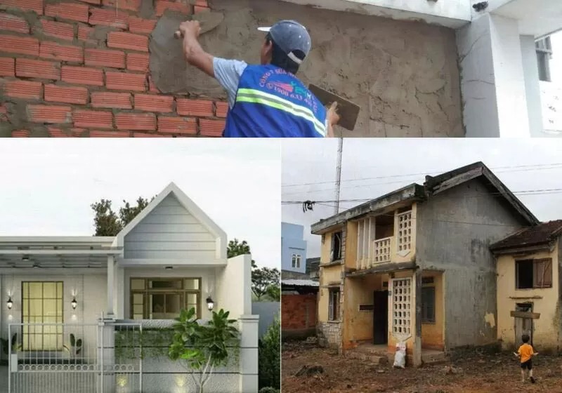 sua-nha-cap-4-co-can-giay-phep-xay-dung-khong Công nhân xây dựng sửa nhà gạch, nhà cũ và nhà mới hiện đại với sân vườn.