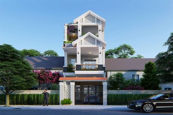 suc-hut-kho-cuong-cua-cac-mau-nha-mai-thai-san-thuong-dep-3 Nhà phố hiện đại ba tầng với ban công xanh mát, cây xanh xung quanh, một xe hơi phía trước.
