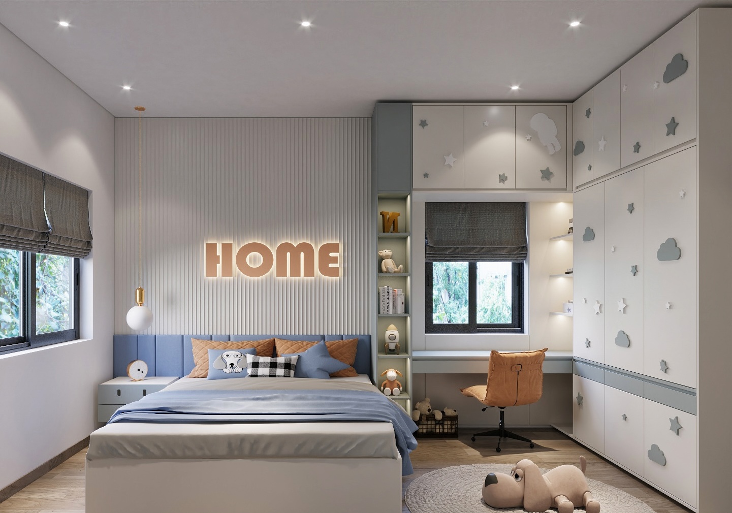 Phòng ngủ trẻ em hiện đại với chữ HOME trang trí, nội thất gỗ và màu sắc dịu nhẹ.