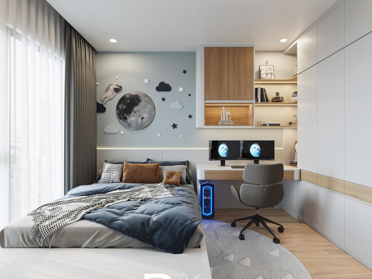 Phòng ngủ hiện đại có tranh tường phi hành gia, giường và bàn máy tính đôi.
