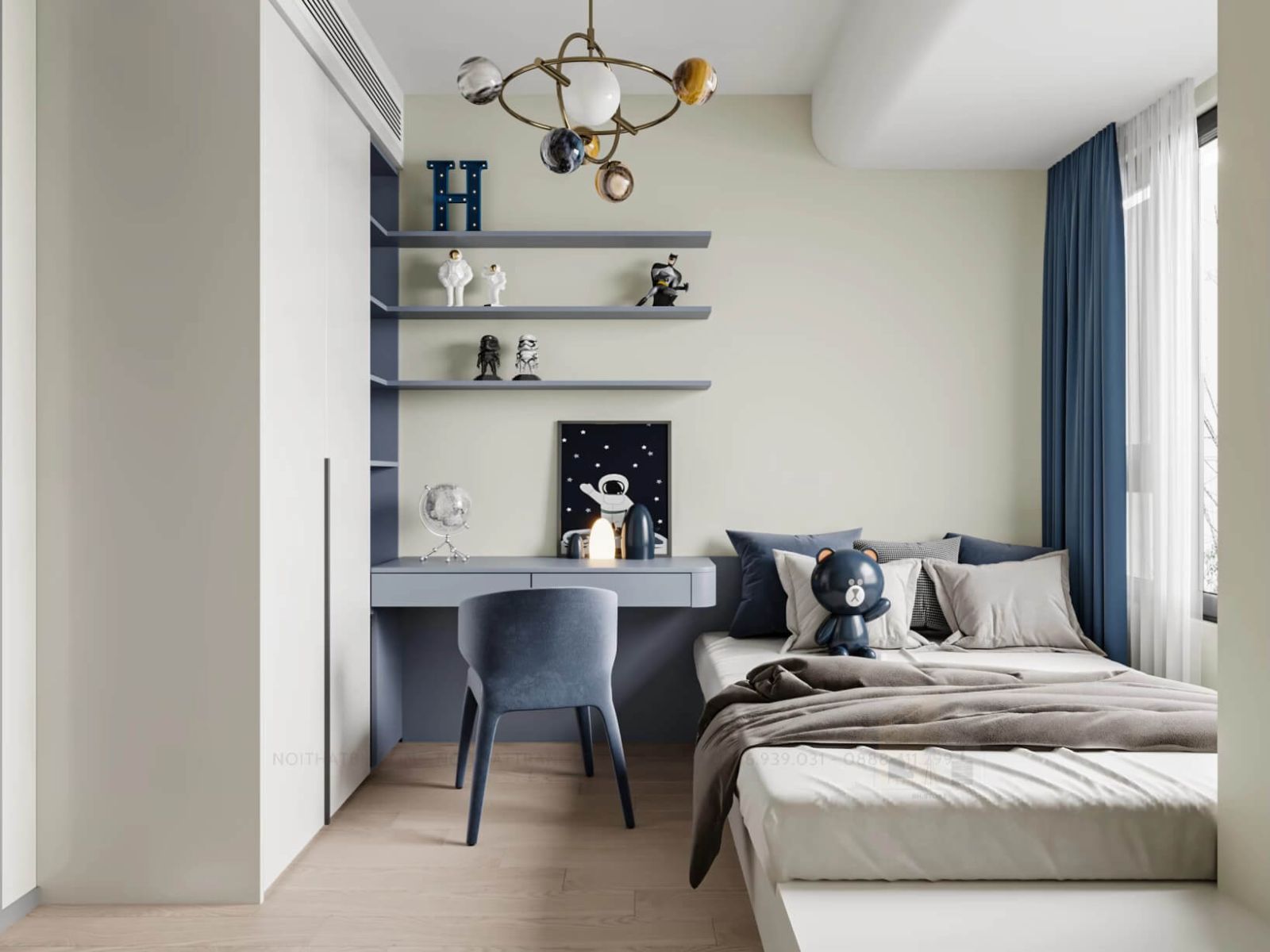Phòng ngủ hiện đại với bàn học, giường và gấu bông, tông xanh trắng cùng nội thất sáng tạo.