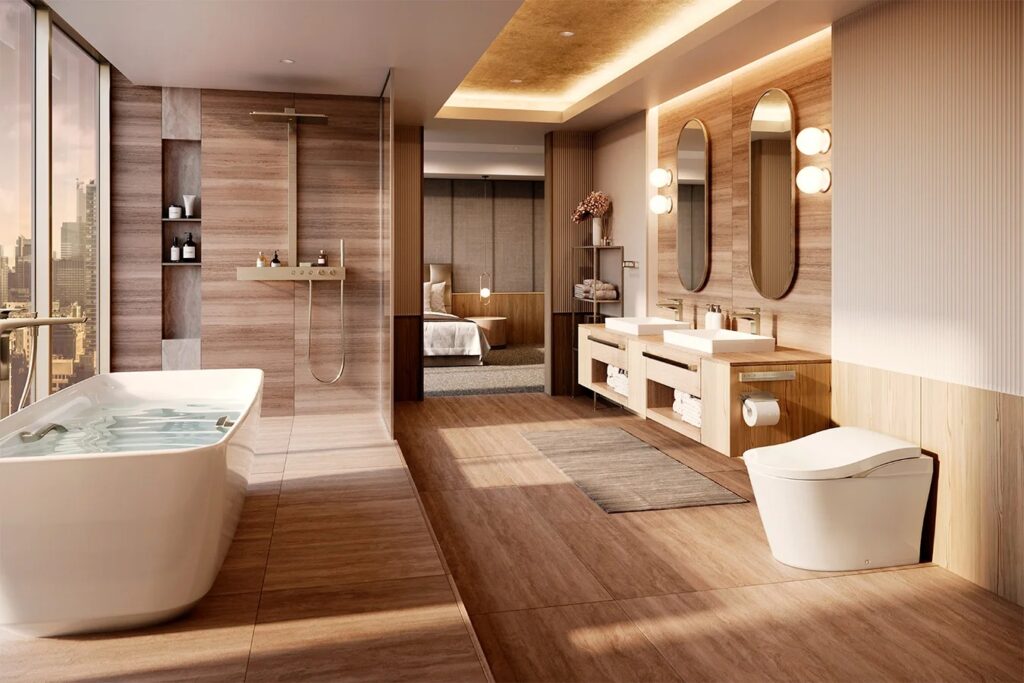 Phòng tắm hiện đại với bàn lavabo đôi, bồn tắm và cửa kính nhìn ra thành phố, nội thất gỗ sang trọng.