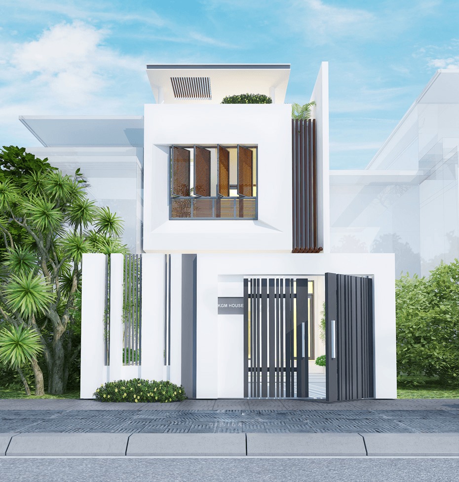 Nhà hiện đại có hai tầng, cửa kính lớn, cây xanh bên ngoài và cổng sắt phía trước.