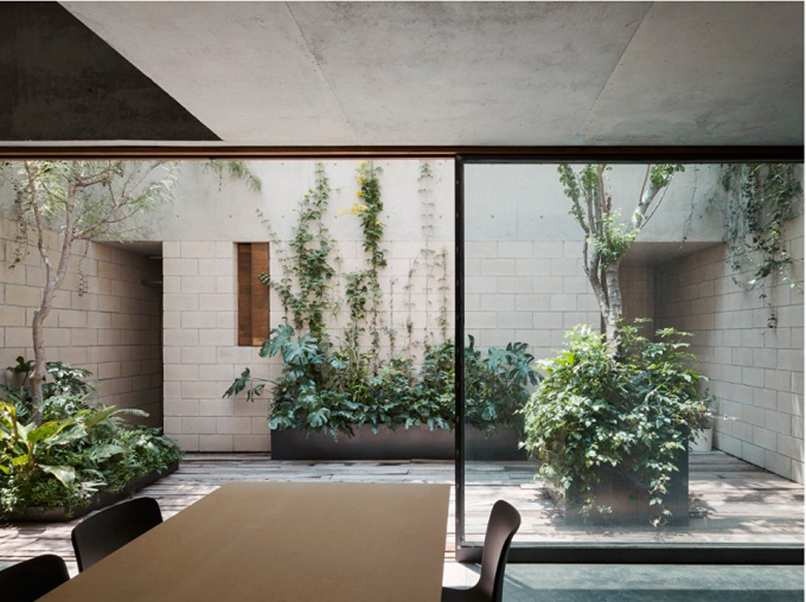 Phòng họp hiện đại với cửa kính lớn nhìn ra vườn cây xanh, tạo không gian thoáng đãng và thư giãn.