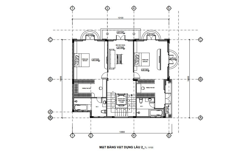 Sơ đồ mặt bằng tầng 2 với phòng ngủ, phòng khách và cầu thang bố trí rõ ràng.
