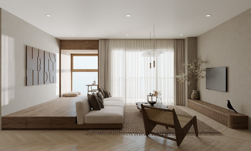 Phòng khách hiện đại, tối giản với sofa trắng, bàn gỗ, cửa sổ lớn và đèn trang trí.