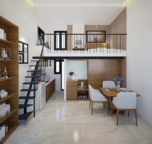 Căn hộ nhỏ gọn với gác lửng, nội thất hiện đại, bàn ăn, bếp và kệ sách trong không gian mở, tối ưu hoá diện tích.