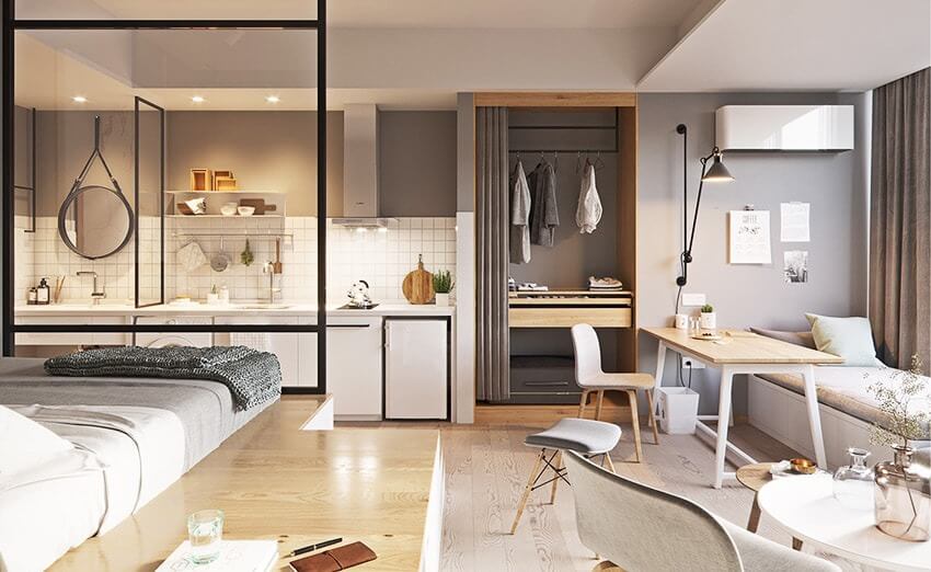 Căn hộ studio hiện đại với nội thất tối giản, màu sắc trung tính và ánh sáng tự nhiên.