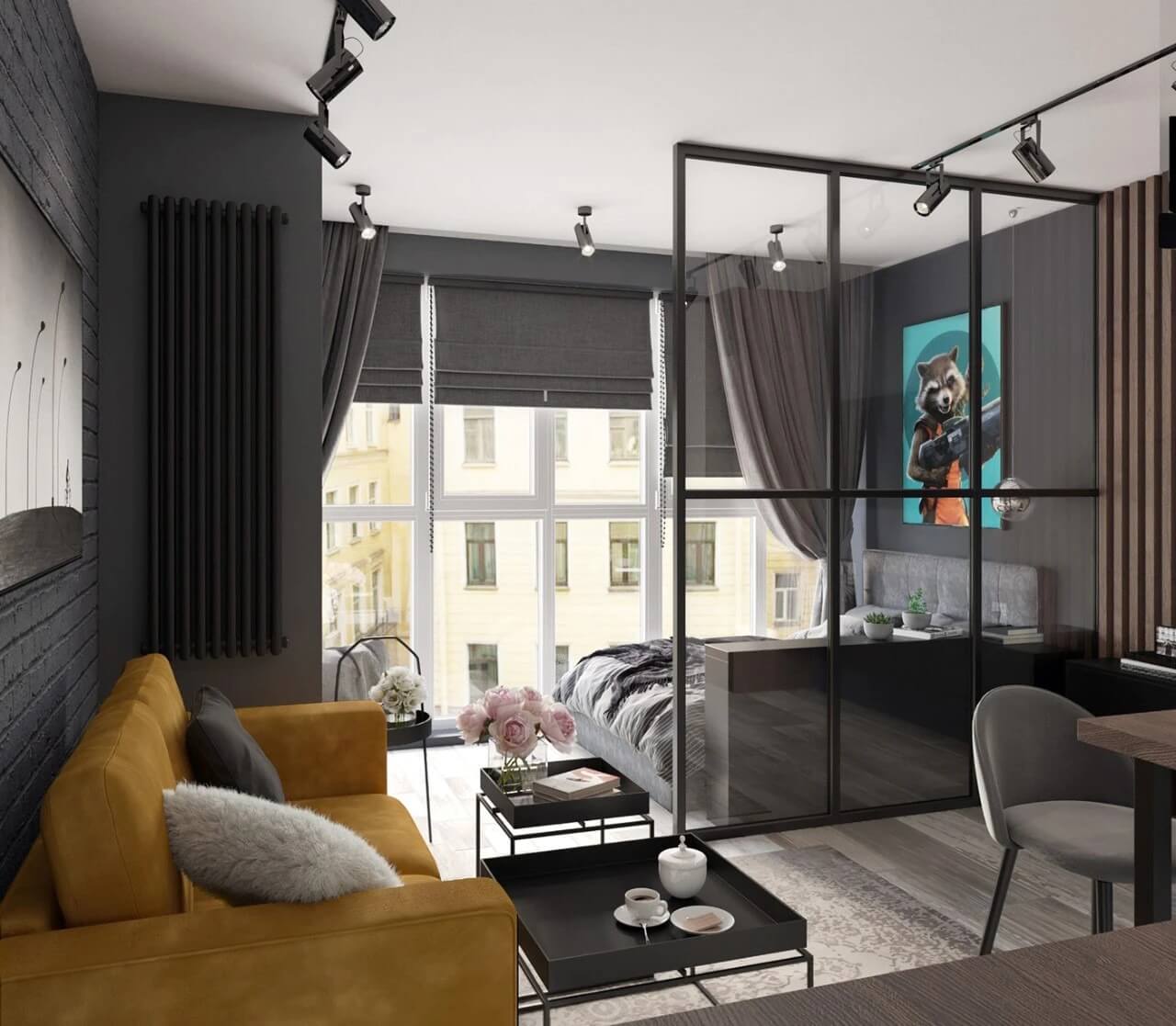 Căn hộ hiện đại với nội thất sang trọng, ghế sofa vàng, bàn trà và phòng ngủ được ngăn cách bằng kính.