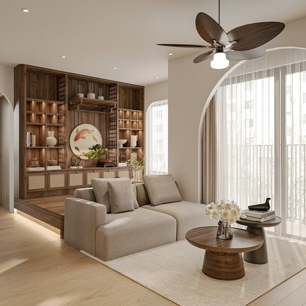 Phòng khách hiện đại, nội thất gỗ sang trọng với sofa êm ái và trang trí tinh tế.