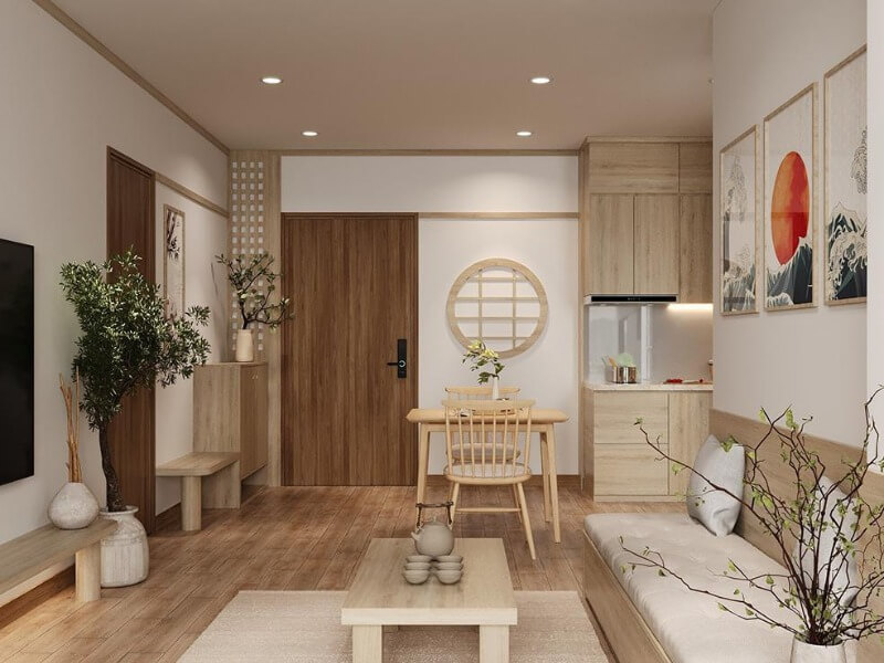Phòng khách phong cách Nhật Bản ấm cúng với nội thất gỗ, cây xanh và tranh treo tường.